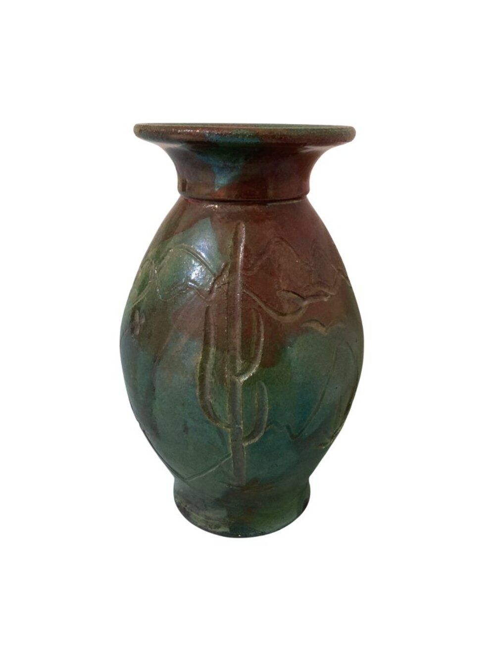 Raku Pottery Vase Southwest Desert Saguaro Cactus Design Signed